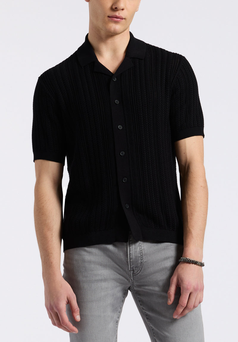 Wasko Men's Cable-Knit Short-Sleeve Button-Up Polo, Black - BM24540