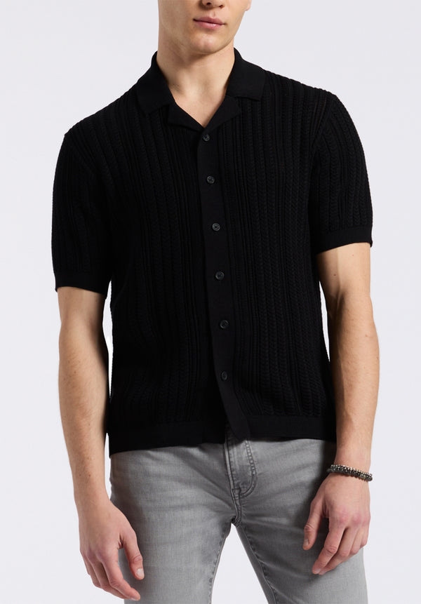 Wasko Men's Cable-Knit Short-Sleeve Button-Up Polo, Black - BM24540