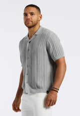 Wasko Men's Cable-Knit Short-Sleeve Button-Up Polo, Heather Grey - BM24540