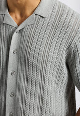 Wasko Men's Cable-Knit Short-Sleeve Button-Up Polo, Heather Grey - BM24540