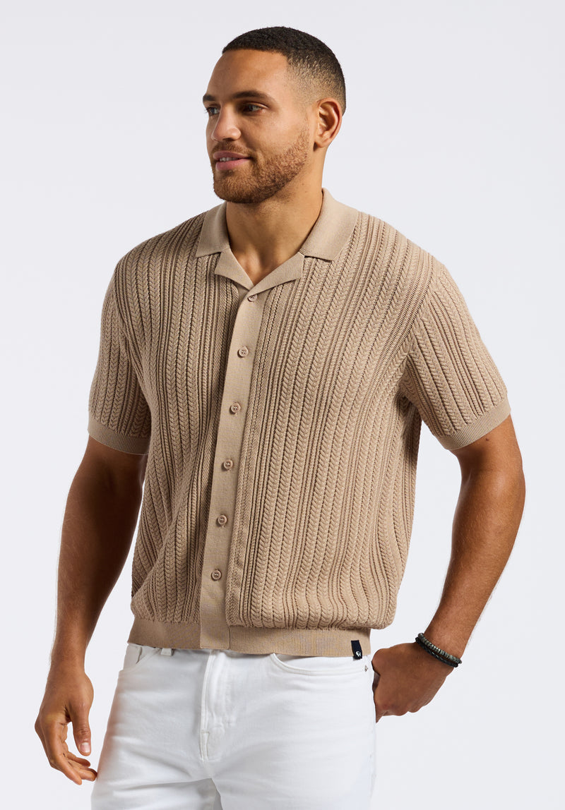 Wasko Men's Cable-Knit Short-Sleeve Button-Up Polo, Tuffet Beige - BM24540