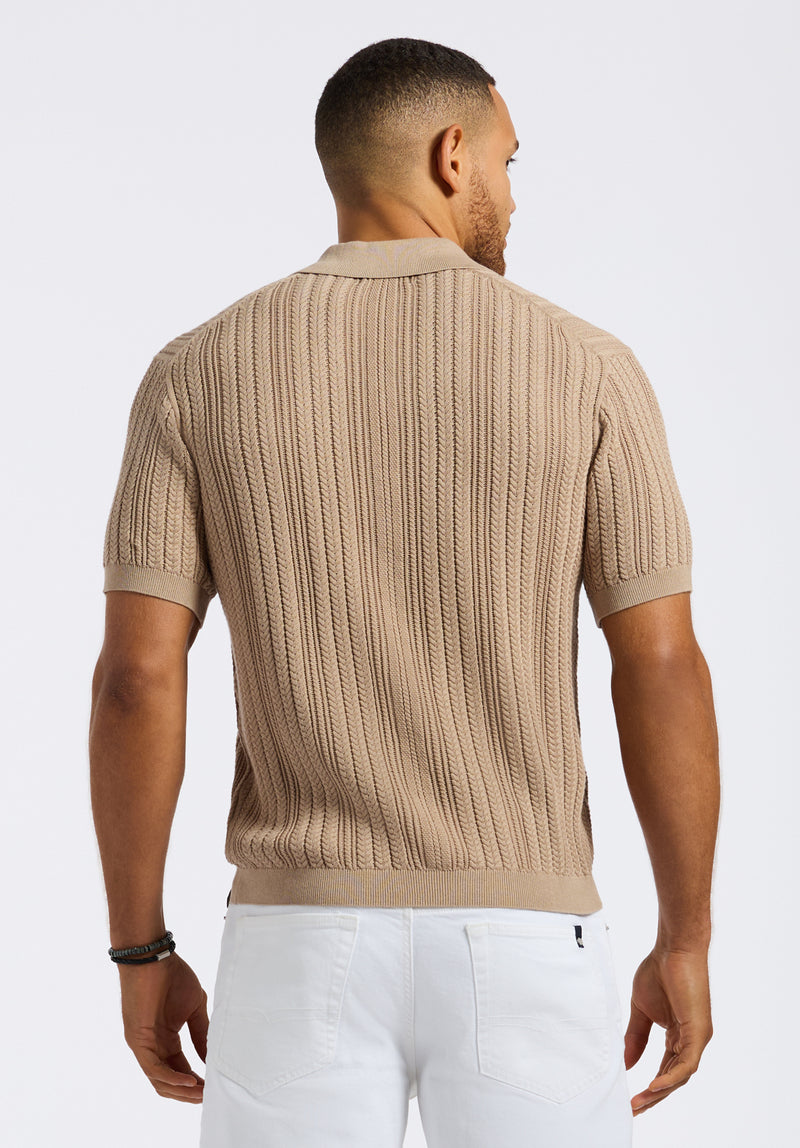 Wasko Men's Cable-Knit Short-Sleeve Button-Up Polo, Tuffet Beige - BM24540