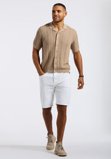 Wasko Men's Cable-Knit Short-Sleeve Button-Up Polo, Tuffet Beige - BM24540