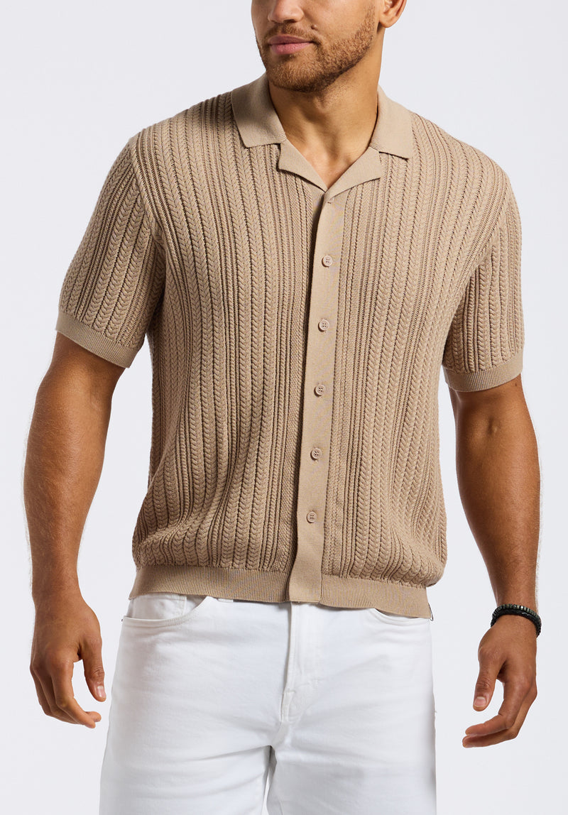 Wasko Men's Cable-Knit Short-Sleeve Button-Up Polo, Tuffet Beige - BM24540