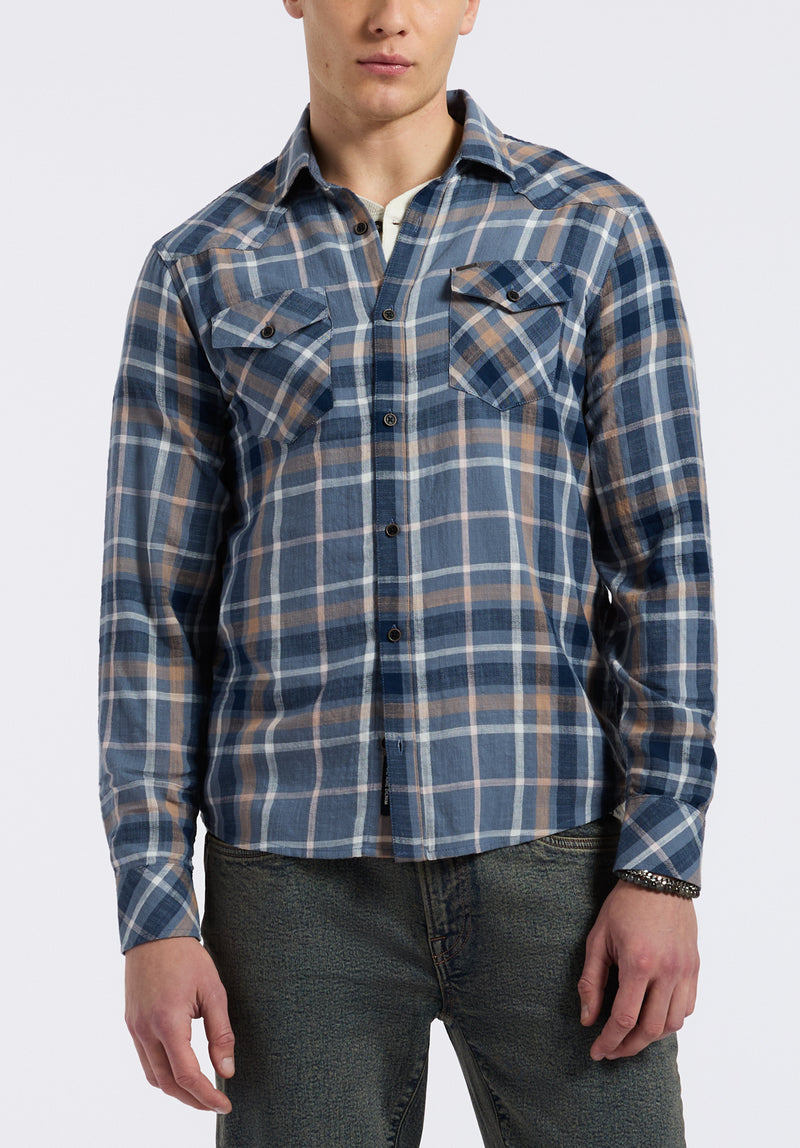 Sierra Men's Long-Sleeve Plaid Button-Down Fitted Shirt, Moonlight Blue - BM24551