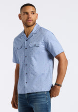 Salaman Men's Short-Sleeve Patterned Button-Up Shirt with Chest Pockets, Moonlight Blue - BM24552