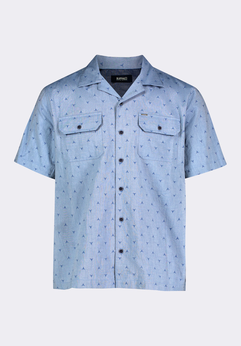 Salaman Men's Short-Sleeve Patterned Button-Up Shirt with Chest Pockets, Moonlight Blue - BM24552