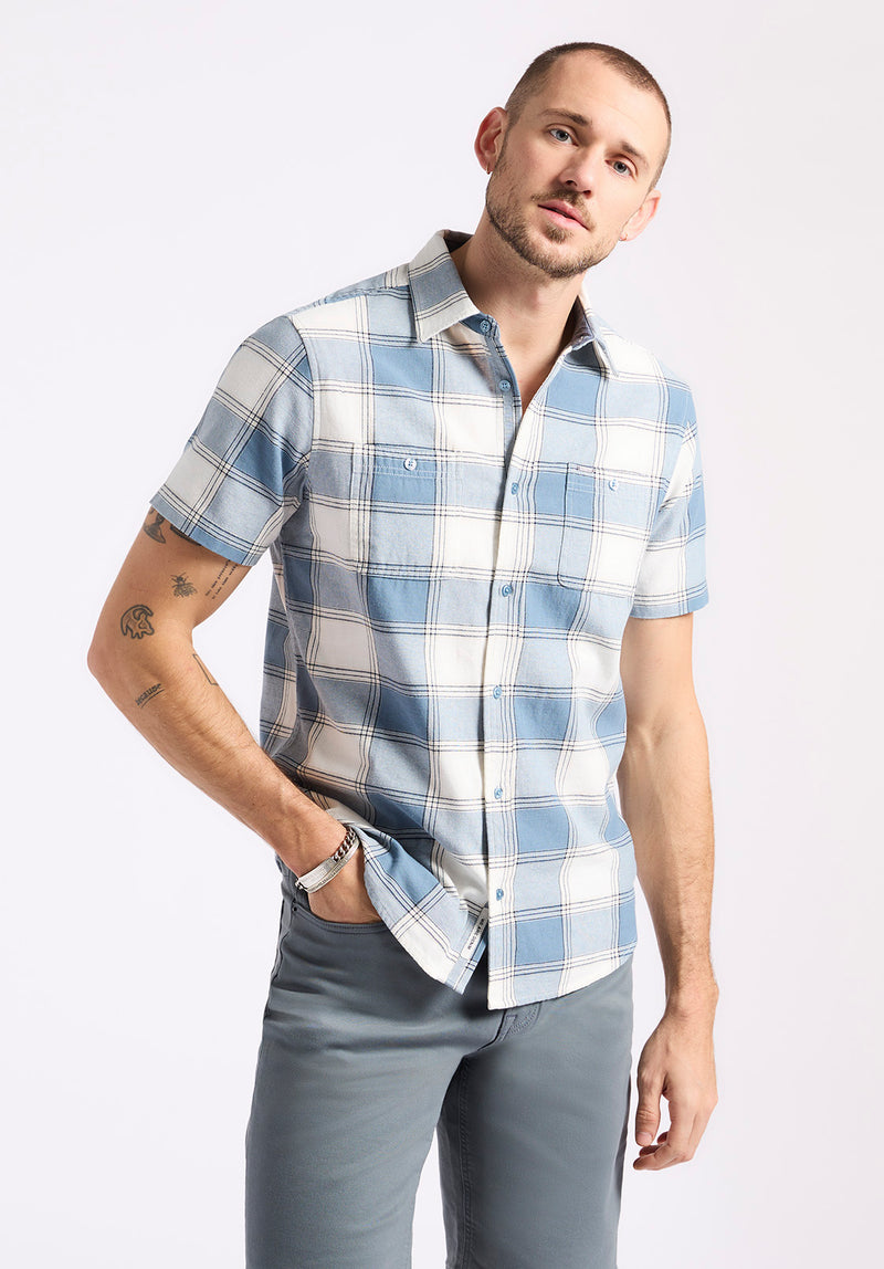 Sagrino Men's Short-Sleeve Plaid Button-Up Fitted Shirt, Mirage Blue - BM24553