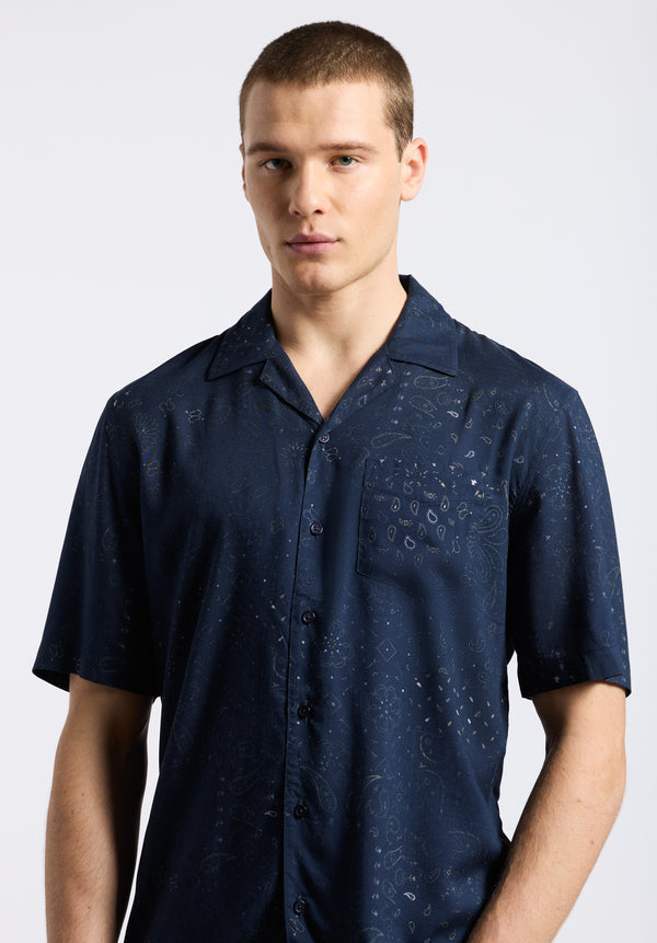 Sandro Men's Lightweight Short-Sleeve Button-Up Bandana Print Camp Shirt, Whale - BM24554