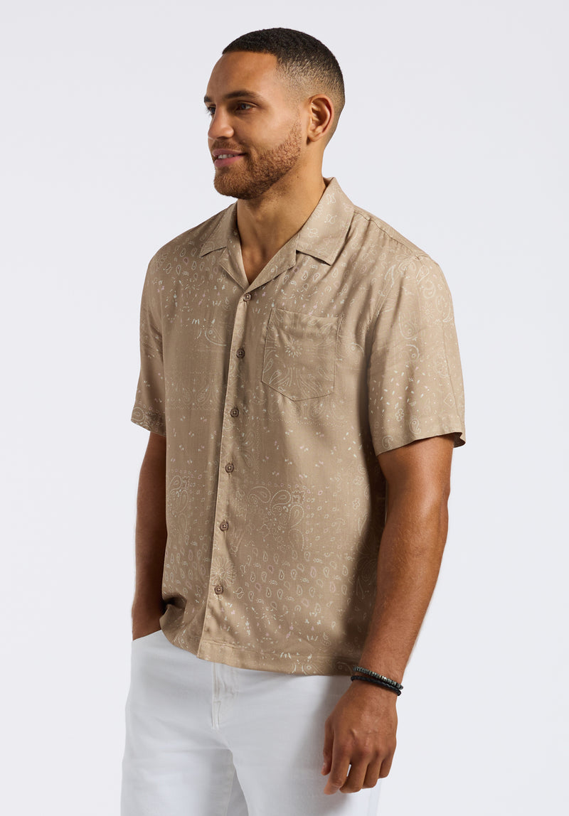 Sandro Men's Lightweight Short-Sleeve Button-Up Bandana Print Camp Shirt, Tuffet Beige - BM24554