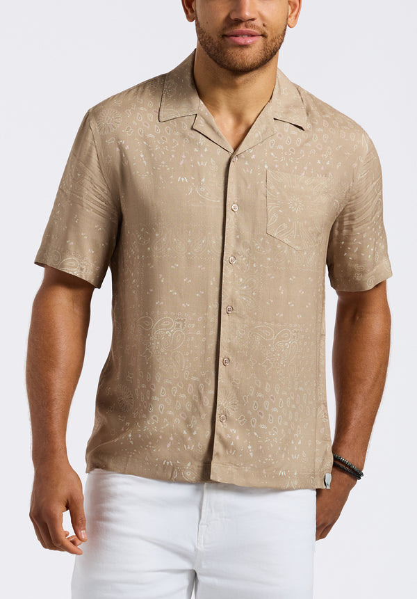 Sandro Men's Lightweight Short-Sleeve Button-Up Bandana Print Camp Shirt, Tuffet Beige - BM24554