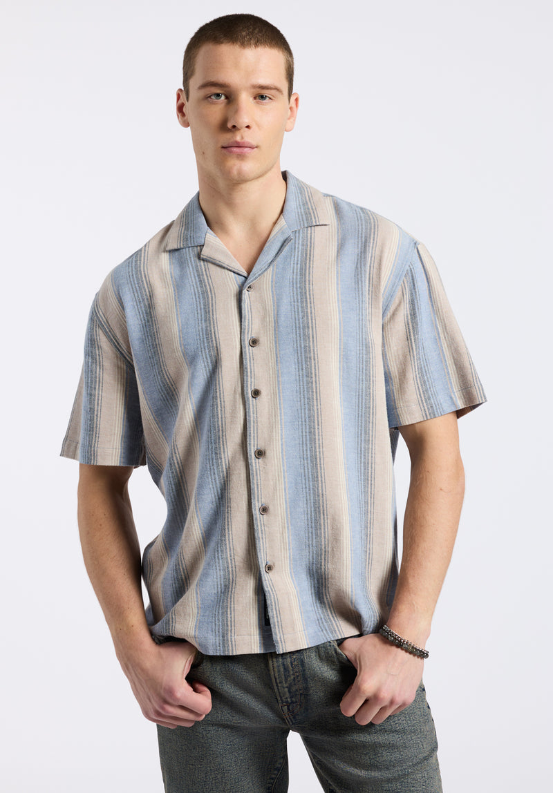 Salaman Men's Short-Sleeve Striped Button-Up Camp Shirt, Moonlight Blue - BM24556