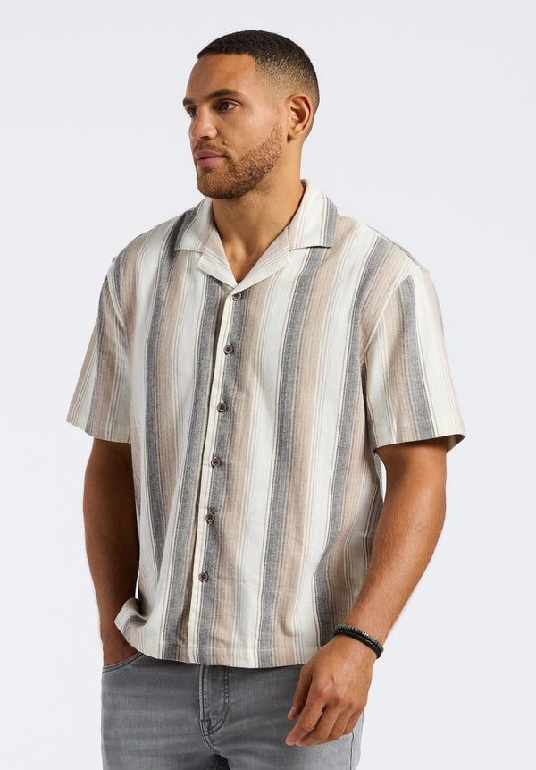 Salaman Men's Short-Sleeve Striped Button-Up Camp Shirt, Woodsmoke Beige - BM24556