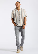 Salaman Men's Short-Sleeve Striped Button-Up Camp Shirt, Woodsmoke Beige - BM24556