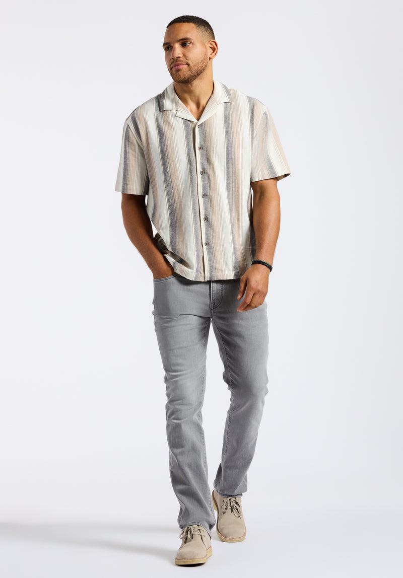 Salaman Men's Short-Sleeve Striped Button-Up Camp Shirt, Woodsmoke Beige - BM24556