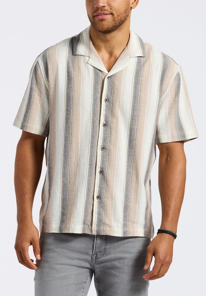 Salaman Men's Short-Sleeve Striped Button-Up Camp Shirt, Woodsmoke Beige - BM24556