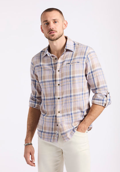 Simbio Men's Long-Sleeve Plaid Button-Up Fitted Shirt, Beige & Blue - BM24596