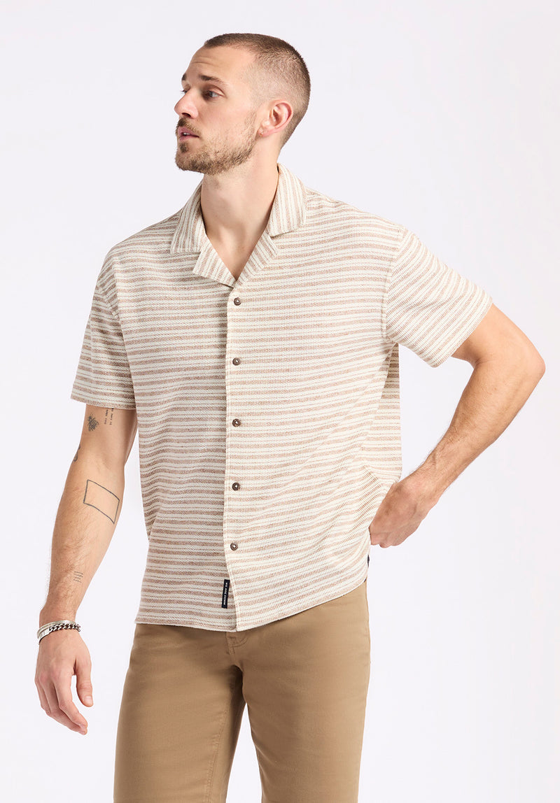 Koddy Men's Short-Sleeve Striped Jersey Button-Up Relaxed Fit Shirt, Woodsmoke Beige - BM24599