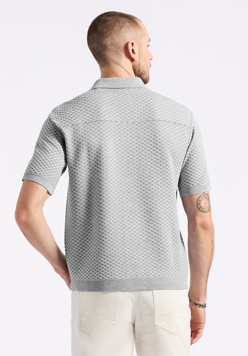 Willow Men's Short Sleeve Jacquard Jersey Button-Up Sweater, Heather Grey - BM24600