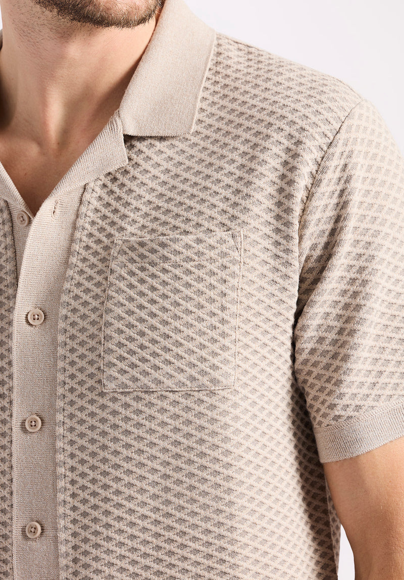 Willow Men's Short Sleeve Jacquard Jersey Button-Up Sweater, Tuffet Beige - BM24600