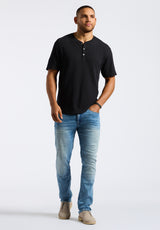 Kandido Men's Short Sleeve Slub Jersey Relaxed Henley Top, Black - BM24605