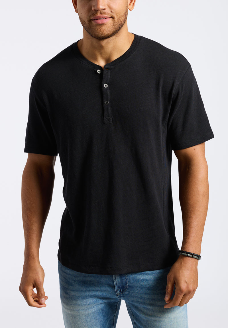 Kandido Men's Short Sleeve Slub Jersey Relaxed Henley Top, Black - BM24605