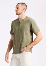 Kandido Men's Short Sleeve Slub Jersey Relaxed Henley Top, Army Green - BM24605