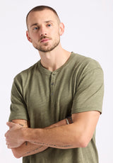 Kandido Men's Short Sleeve Slub Jersey Relaxed Henley Top, Army Green - BM24605