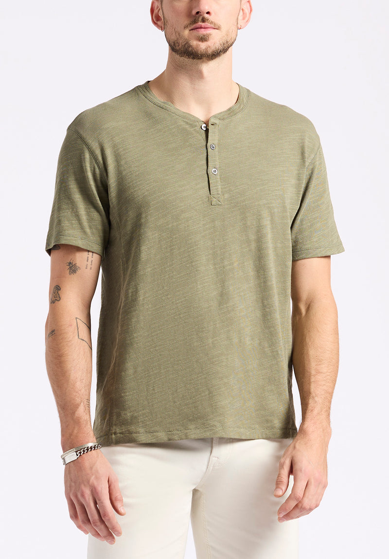 Kandido Men's Short Sleeve Slub Jersey Relaxed Henley Top, Army Green - BM24605