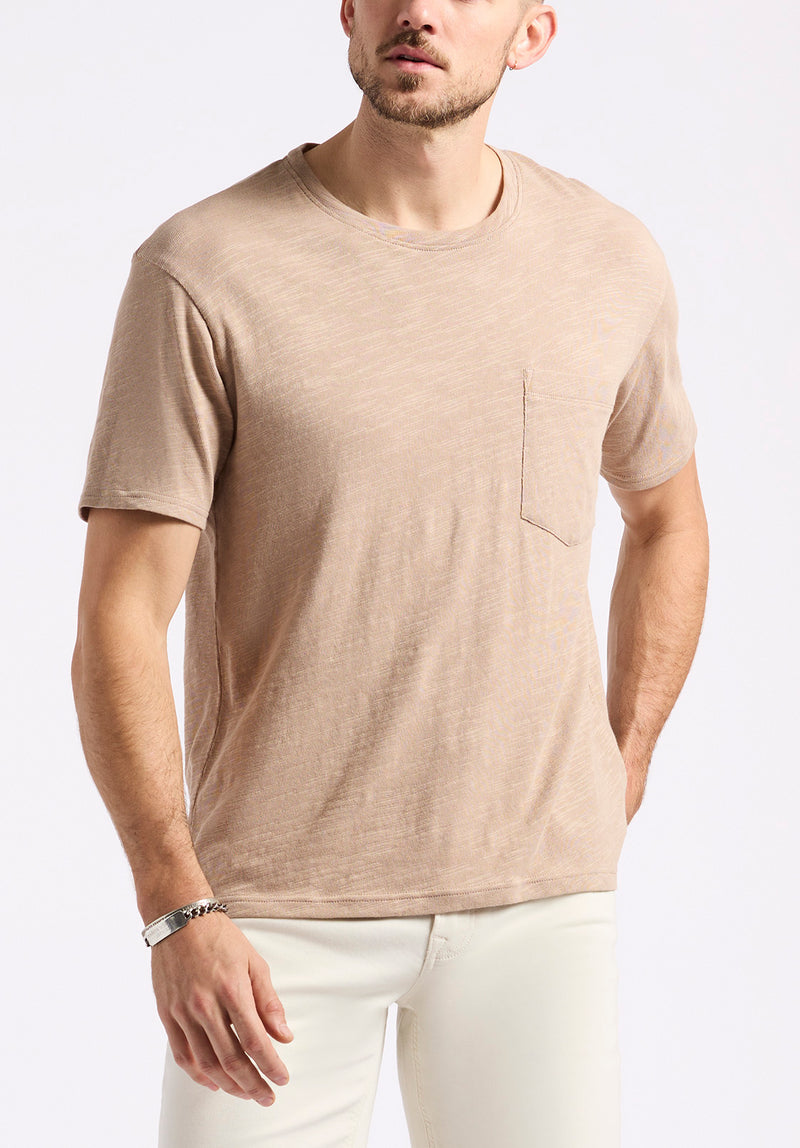 Kander Men's Slub Knit Crew Neck Pocket T-Shirt, Tuffet Beige - BM24606