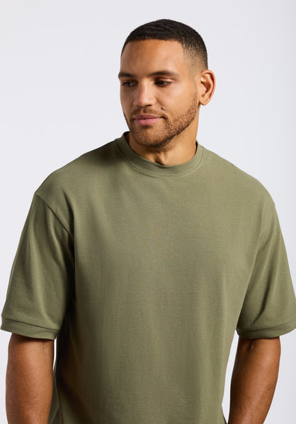 Kinsley Men's Piqué Crew Neck Relaxed T-Shirt, Army Green - BM24609