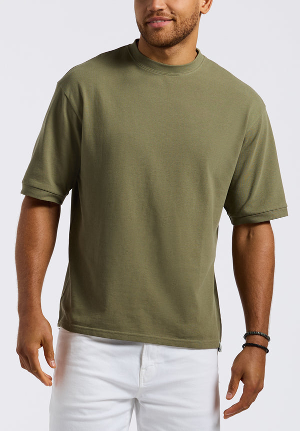 Kinsley Men's Piqué Crew Neck Relaxed T-Shirt, Army Green - BM24609