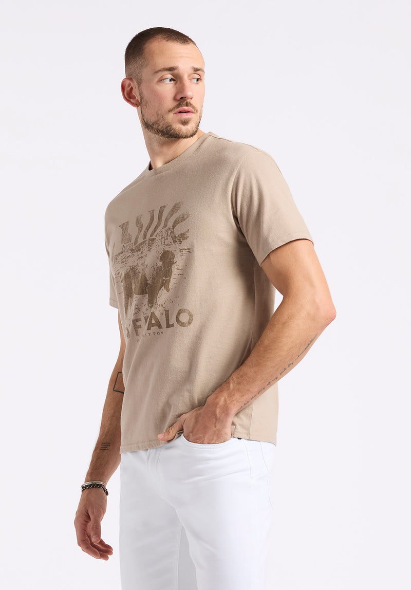 Tison Men's Graphic T-Shirt with Buffalo Print, Tuffet Beige - BM24645