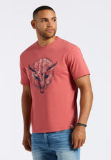 Tarz Men's Graphic T-Shirt with Bull Skull Motif, Miniral Red - BM24649