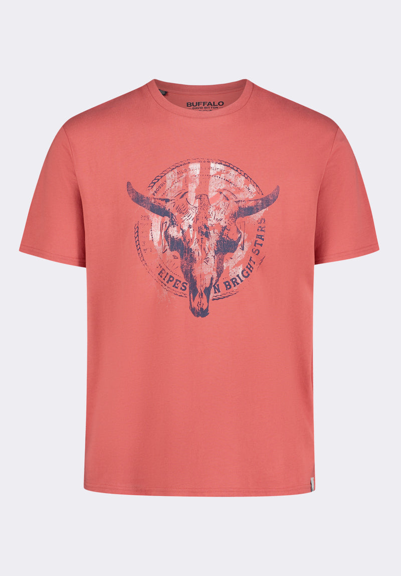 Tarz Men's Graphic T-Shirt with Bull Skull Motif, Miniral Red - BM24649