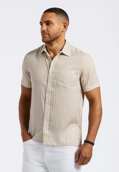 Sirilo Men's Short Sleeve Button-Up Fitted Shirt with Geometric Print, Milk - BM24652