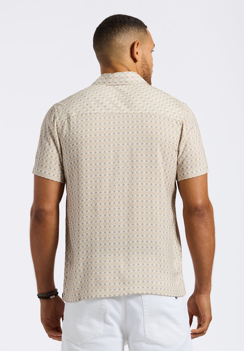 Sirilo Men's Short Sleeve Button-Up Fitted Shirt with Geometric Print, Milk - BM24652