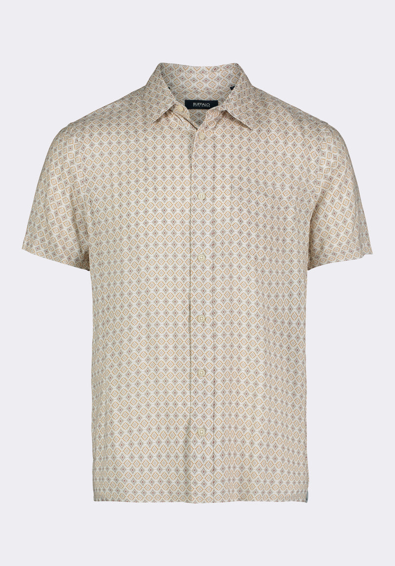 Sirilo Men's Short Sleeve Button-Up Fitted Shirt with Geometric Print, Milk - BM24652