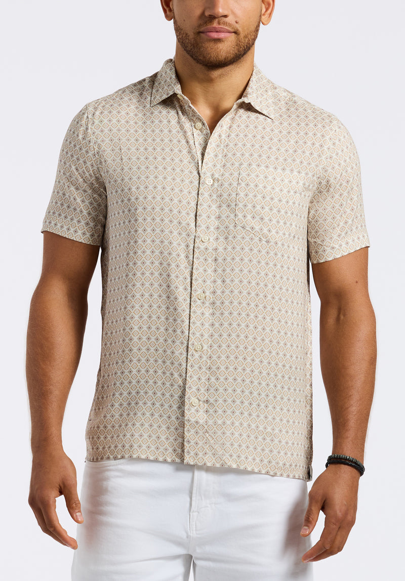 Sirilo Men's Short Sleeve Button-Up Fitted Shirt with Geometric Print, Milk - BM24652