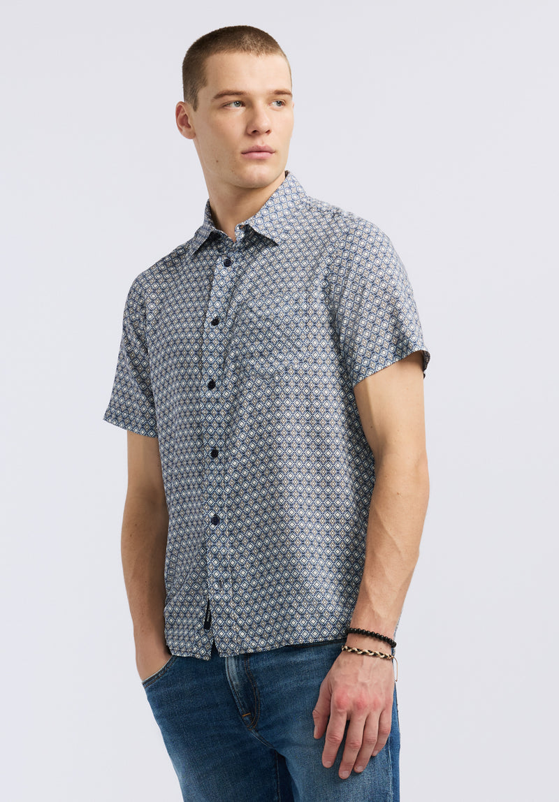 Sirilo Men's Short Sleeve Button-Up Fitted Shirt with Geometric Print, Moonlight Blue - BM24652