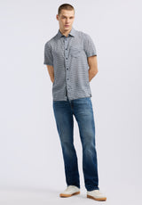 Sirilo Men's Short Sleeve Button-Up Fitted Shirt with Geometric Print, Moonlight Blue - BM24652