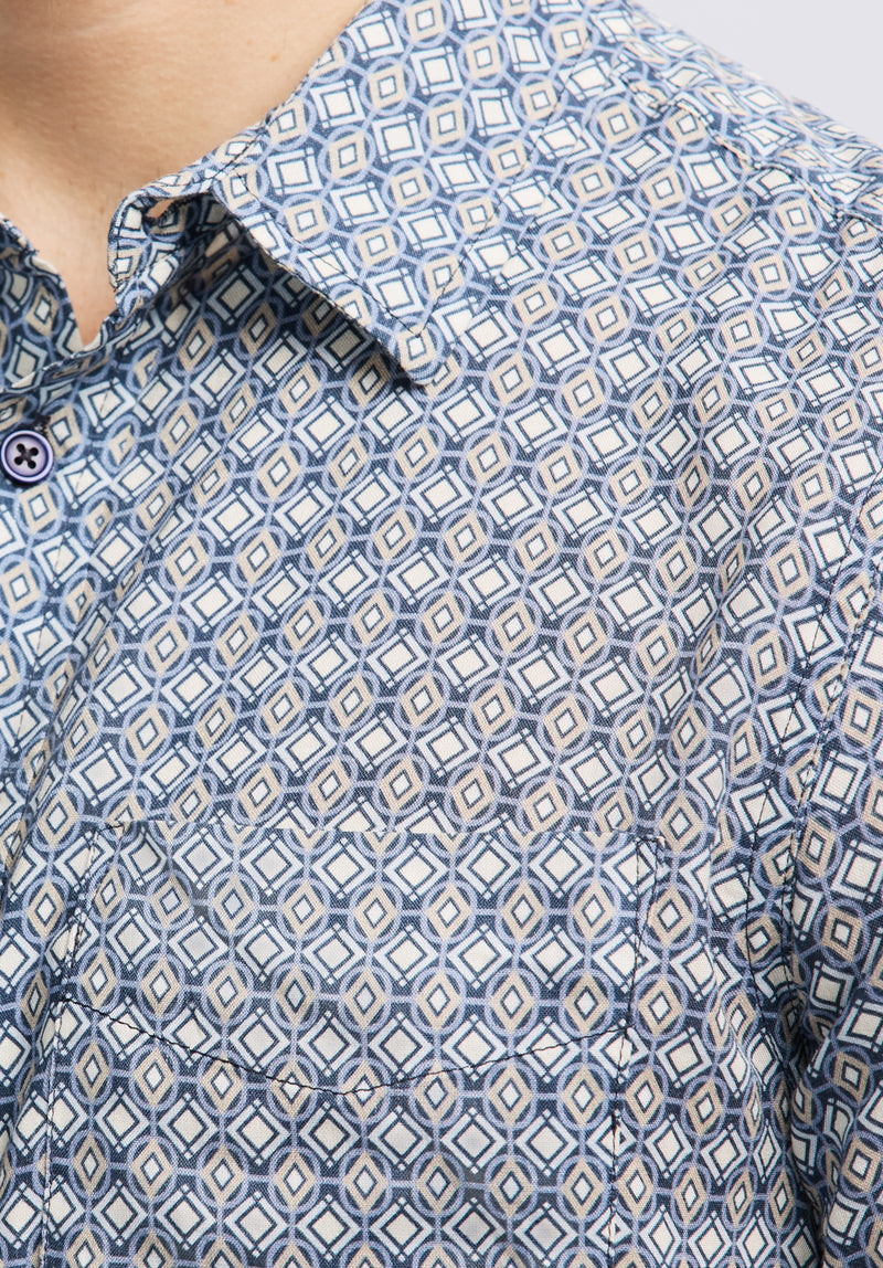 Sirilo Men's Short Sleeve Button-Up Fitted Shirt with Geometric Print, Moonlight Blue - BM24652