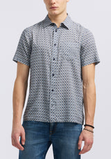 Sirilo Men's Short Sleeve Button-Up Fitted Shirt with Geometric Print, Moonlight Blue - BM24652