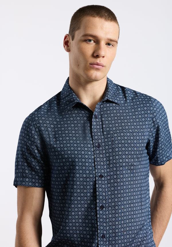Buffalo David Bitton Sirilo Men's Short Sleeve Fitted Shirt with Geometric Print Color MIDNIGHT BLUE
