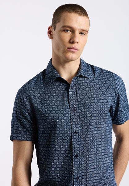 Buffalo David Bitton Sirilo Men's Short Sleeve Fitted Shirt with Geometric Print Color MIDNIGHT BLUE