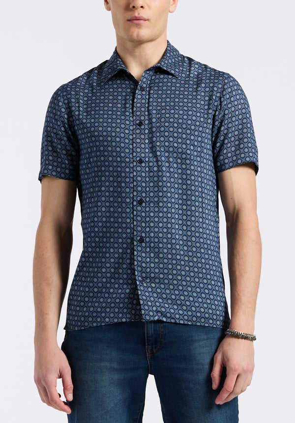 Buffalo David Bitton Sirilo Men's Short Sleeve Fitted Shirt with Geometric Print Color MIDNIGHT BLUE