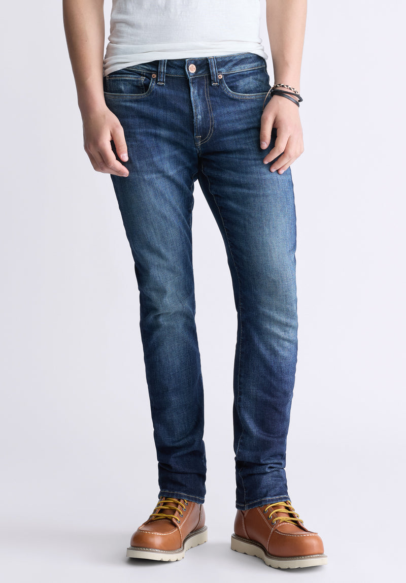 Slim Ash Men's Jeans, Contrast Whiskered Indigo - BM26024