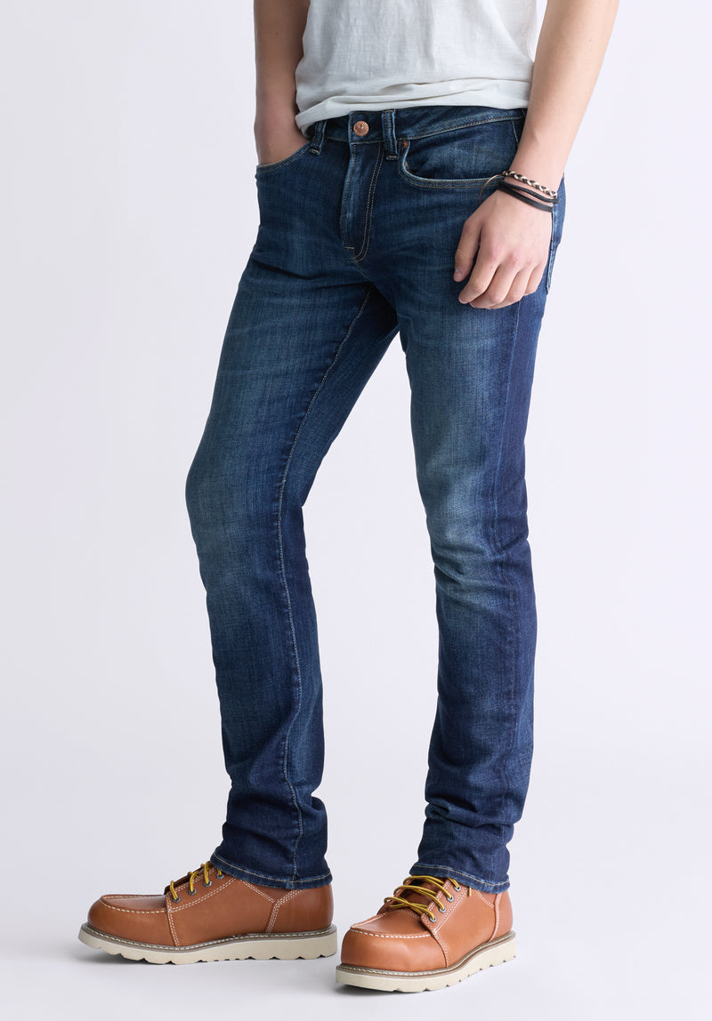 Slim Ash Men's Jeans, Contrast Whiskered Indigo - BM26024