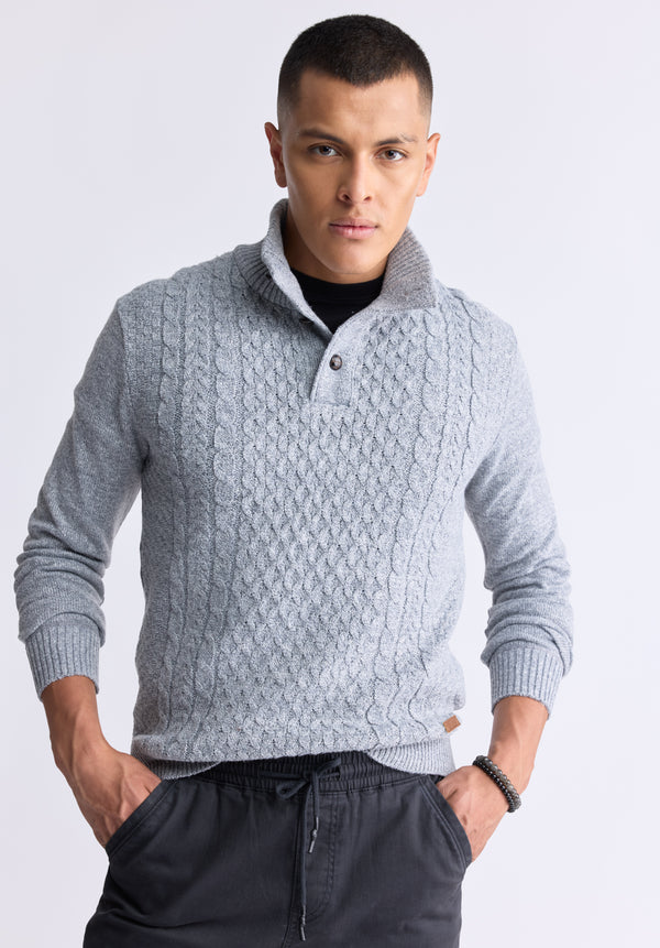 Watcher Men's Cable Knit Henley Sweater, Grey - BPM14163