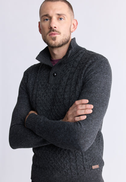 Watcher Men's Cable Knit Henley Sweater, Dark Grey - BPM14163